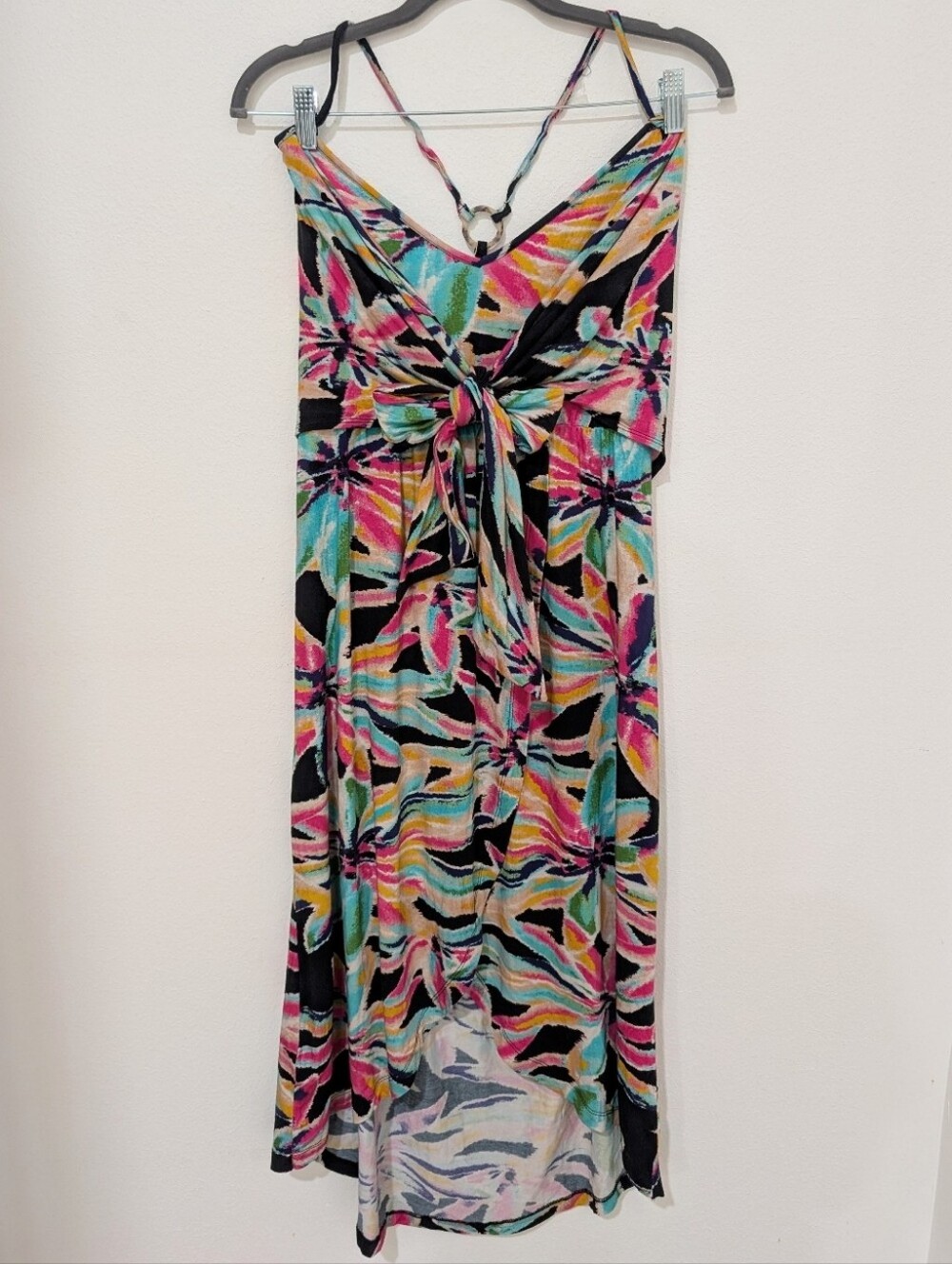 By Anthropologie Multicolor Black Pink Floral Twist-Front Cover-Up Dress Medium - Picture 9 of 14